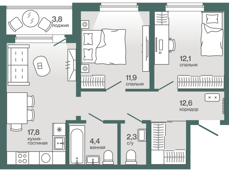 Планировка 2-комн. квартира, 63.2 м² — ЖК «Эклипт»