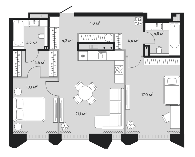 Планировка 2-комн. квартира, 74.1 м² — ЖК «Челюскинцев 5»