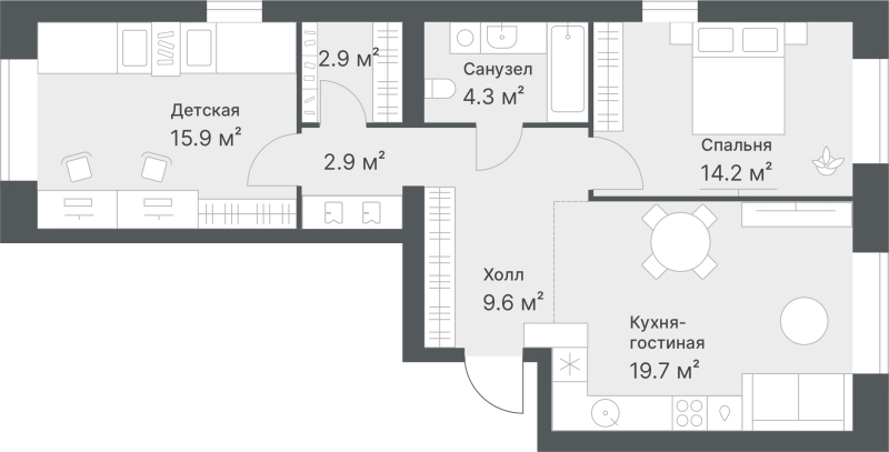 Планировка 2-комн. квартира, 69.5 м² — ЖК «Дружеский»