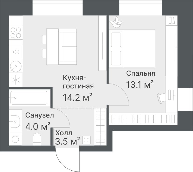Планировка 1-комн. квартира, 34.8 м² — ЖК «Дружеский»