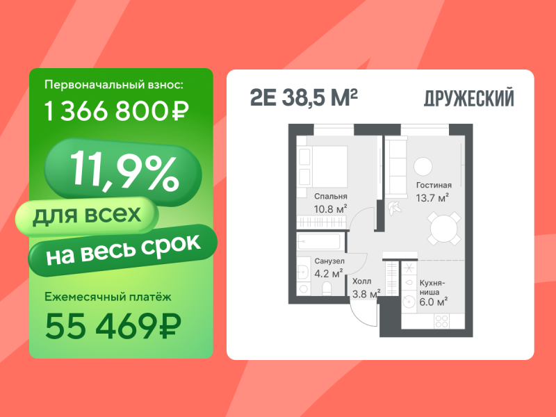 Планировка 1-комн. квартира, 38.1 м² — ЖК «Дружеский»