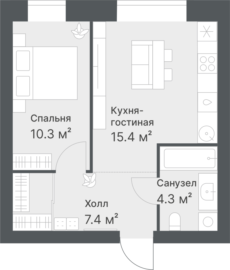 Планировка 1-комн. квартира, 37.4 м² — ЖК «Дружеский»