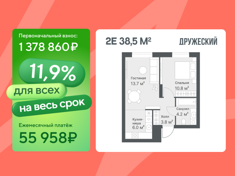 Планировка 1-комн. квартира, 38.3 м² — ЖК «Дружеский»