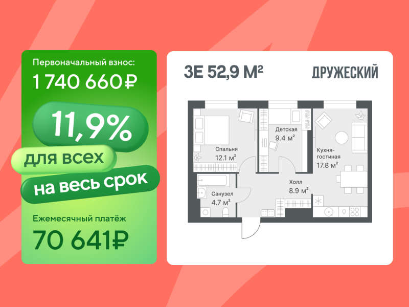 Планировка 2-комн. квартира, 52.9 м² — ЖК «Дружеский»