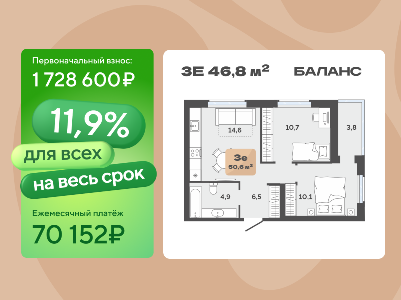 Планировка 2-комн. квартира, 46.8 м² — ЖК «Баланс»