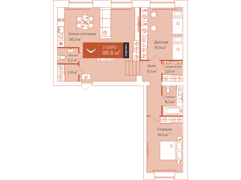 Планировка 2-комн. квартира, 86.7 м² — ЖК «Дом на Большой Спасской»