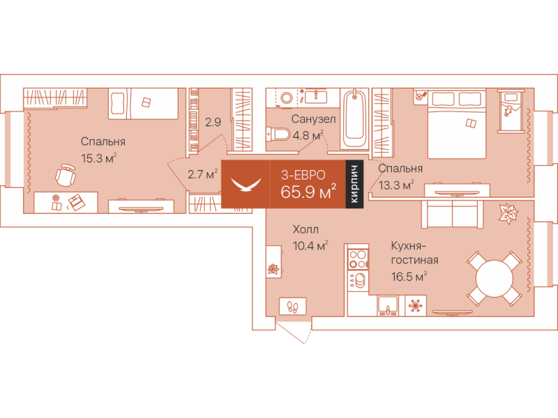 Планировка 2-комн. квартира, 66 м² — ЖК «Дом на Большой Спасской»