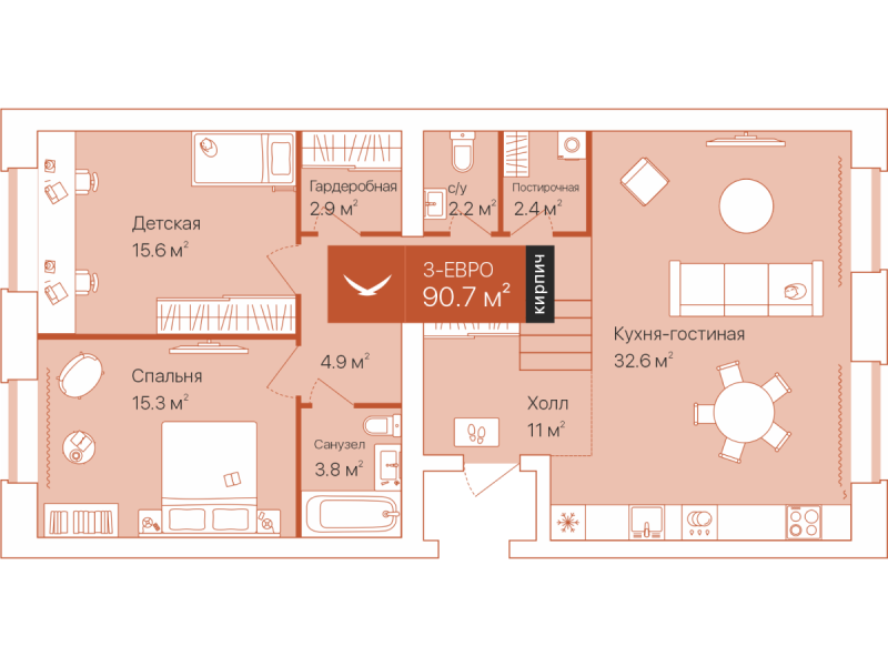 Планировка 2-комн. квартира, 90.8 м² — ЖК «Дом на Большой Спасской»