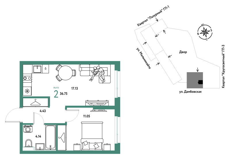 Планировка 2-комн. квартира, 36.8 м² — ЖК «Страна.Прибрежная»