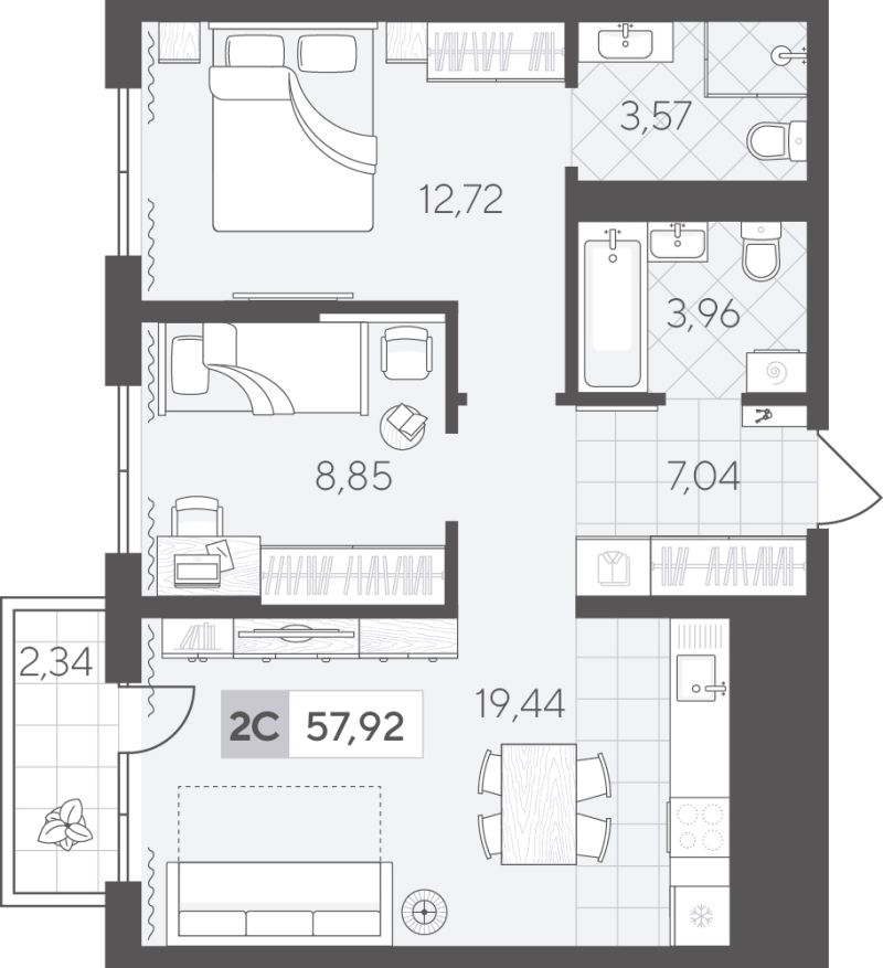 Планировка 2-комн. квартира, 57.9 м² — ЖК «Скандиа. Квартал в Комарово-парк»