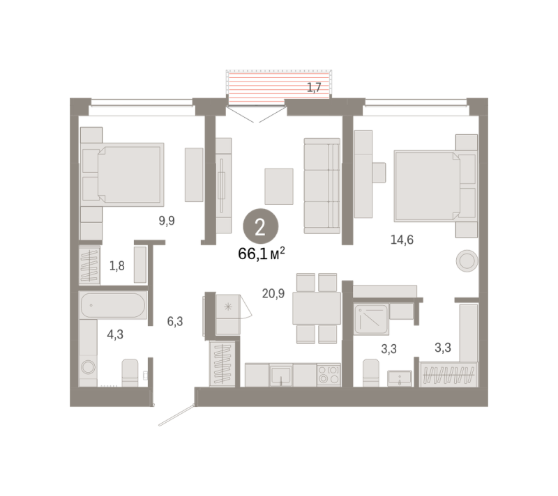 Планировка 2-комн. квартира, 66.1 м² — ЖК «Республики 205»