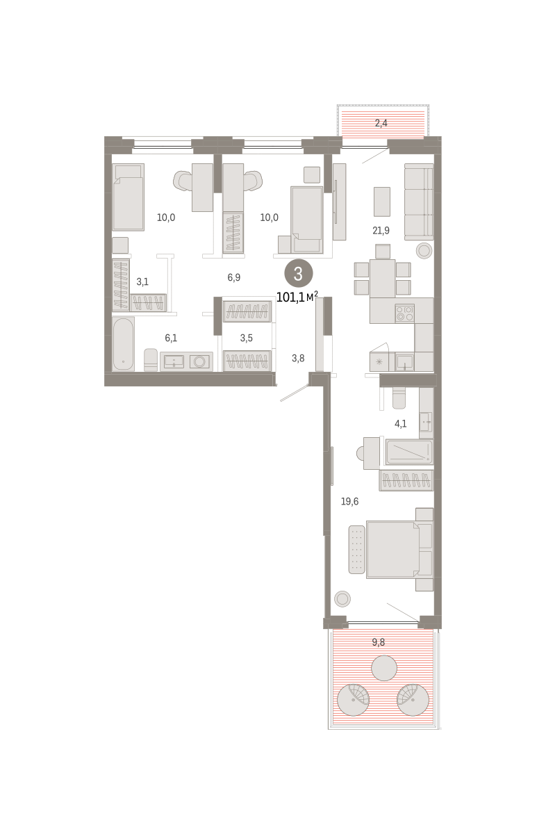 Планировка 3-комн. квартира, 101.1 м² — ЖК «Зарека»