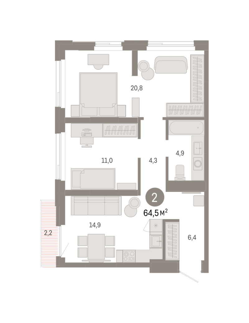 Планировка 2-комн. квартира, 64.5 м² — ЖК «Зарека»