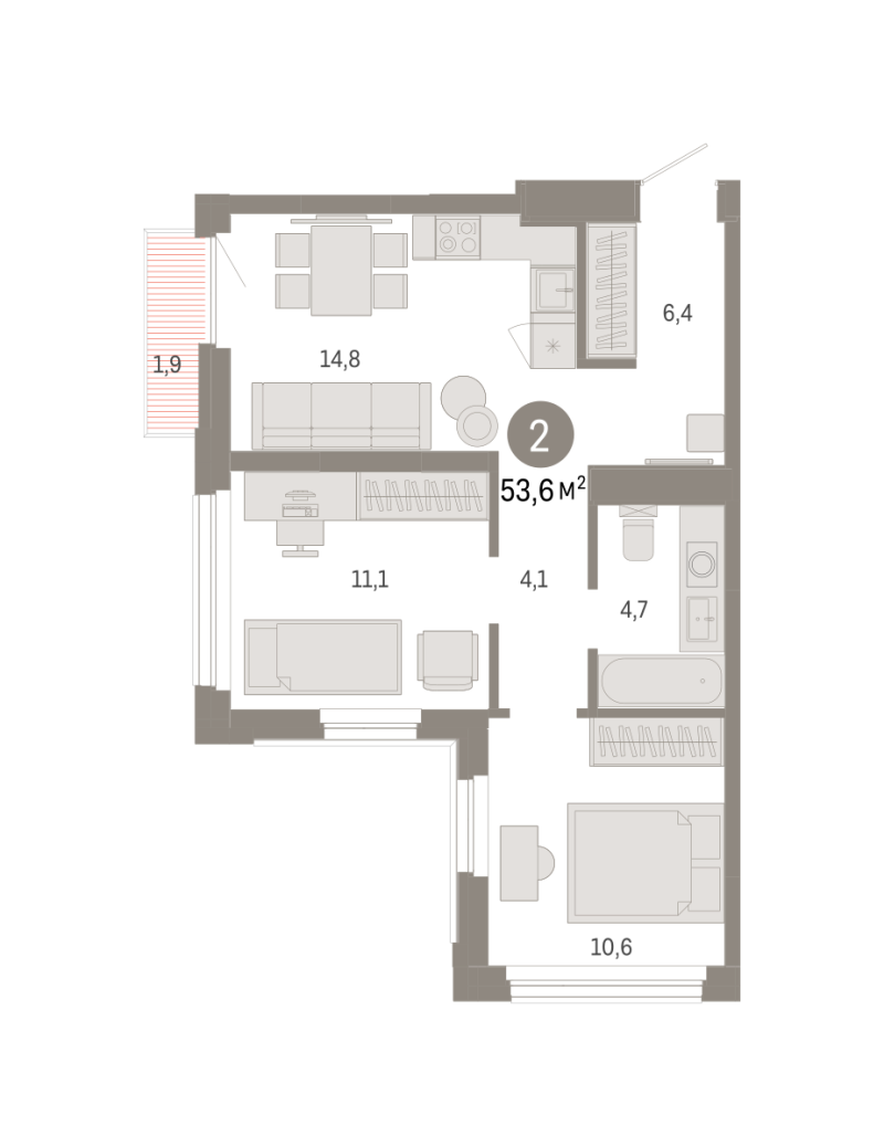 Планировка 2-комн. квартира, 53.6 м² — ЖК «Зарека»