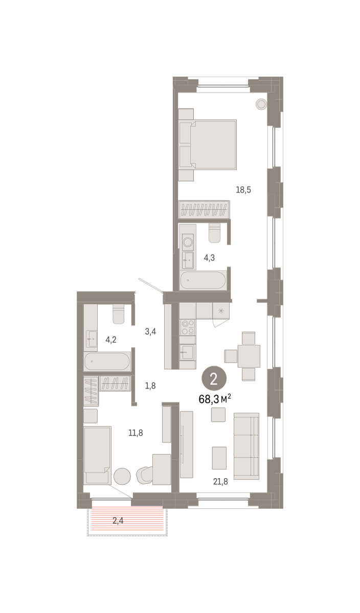 Планировка 2-комн. квартира, 68.3 м² — ЖК «Зарека»