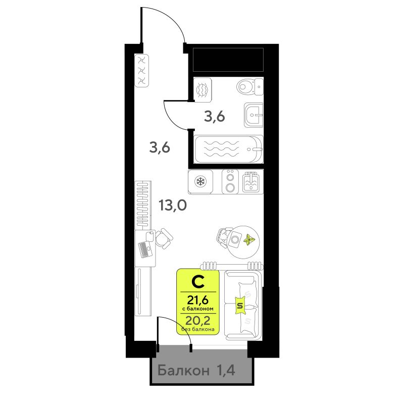 Планировка Студия, 21.6 м² — ЖК «Мотивы»