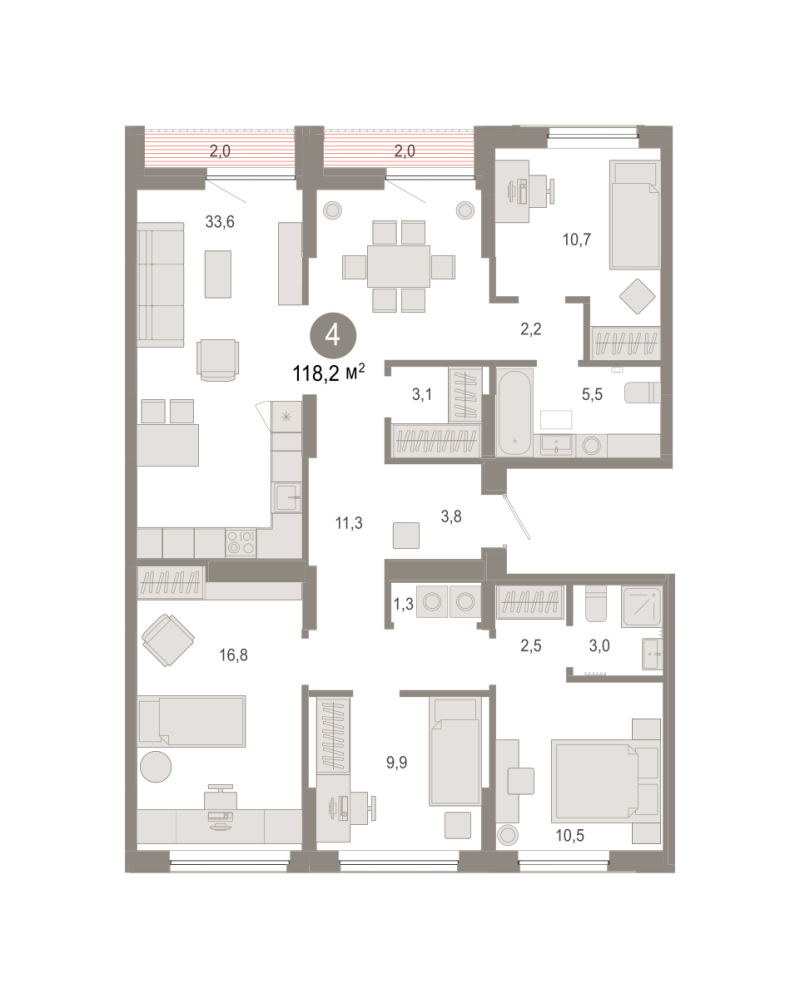 Планировка 4-комн. квартира, 118.2 м² — ЖК «Октябрьский на Туре»