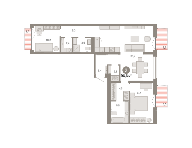 Планировка 2-комн. квартира, 96.6 м² — ЖК «Республики 205»