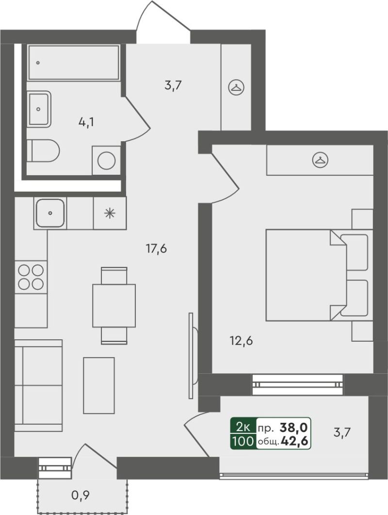 Планировка 1-комн. квартира, 42.6 м² — ЖК «Ритмы»
