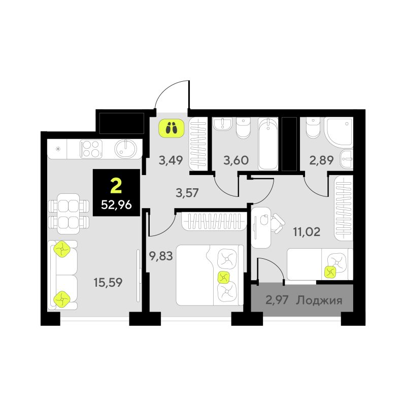 Планировка 2-комн. квартира, 53 м² — ЖК «Окинава»