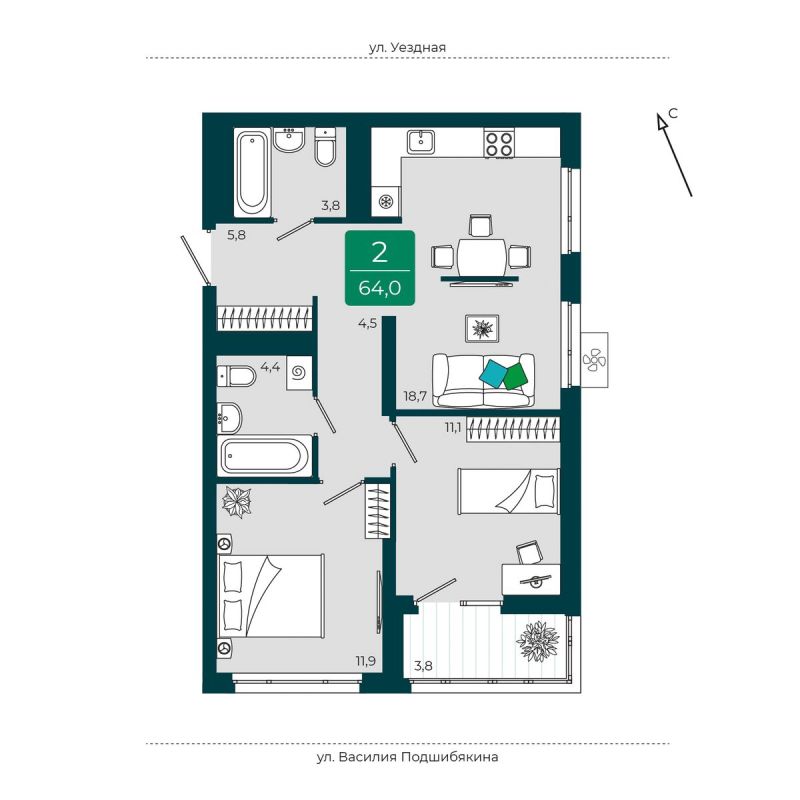 Планировка 2-комн. квартира, 64 м² — ЖК «Уездные кварталы»
