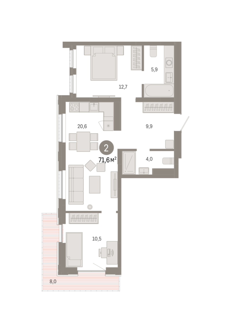 Планировка 2-комн. квартира, 70.6 м² — ЖК «Октябрьский на Туре»