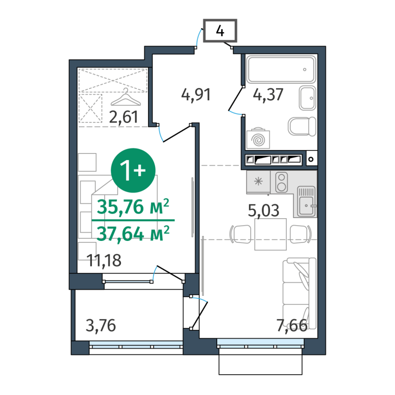 Планировка 1-комн. квартира, 35.8 м² — ЖК «Этика»