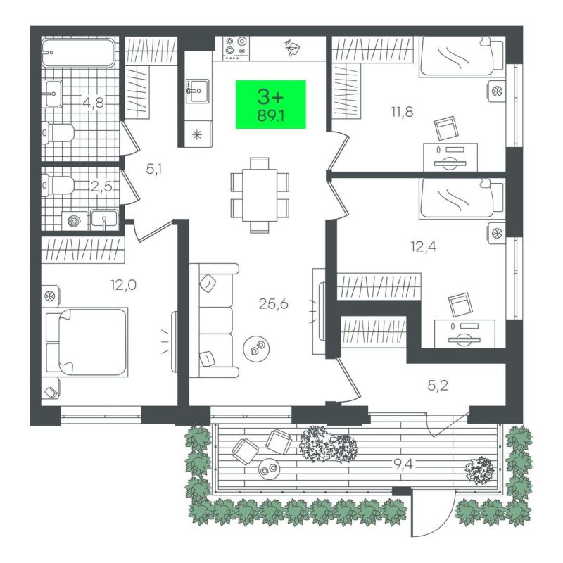 Планировка 3-комн. квартира, 89.1 м² — ЖК «Гранд Квартал»