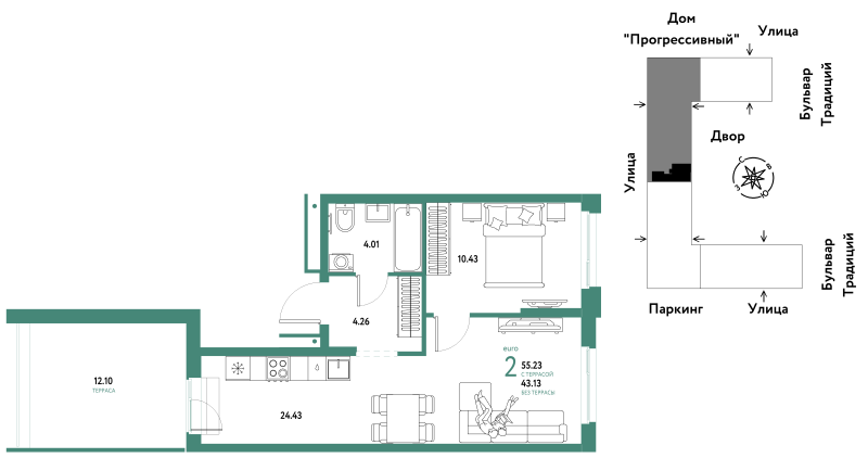 Планировка 2-комн. квартира, 55.2 м² — ЖК «Домашний»