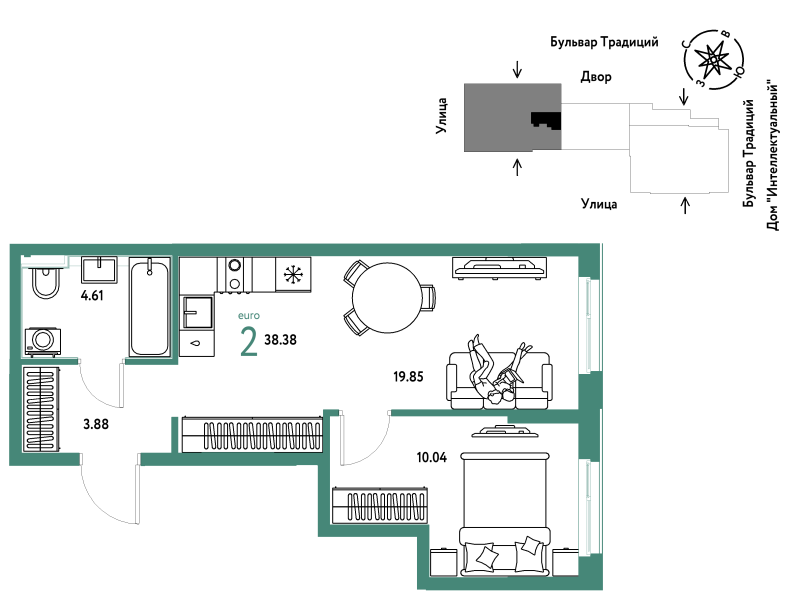 Планировка 2-комн. квартира, 38.4 м² — ЖК «Домашний»