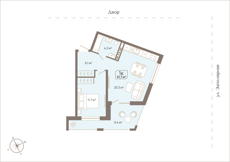Планировка 1-комн. квартира, 51.7 м² — ЖК «Август»