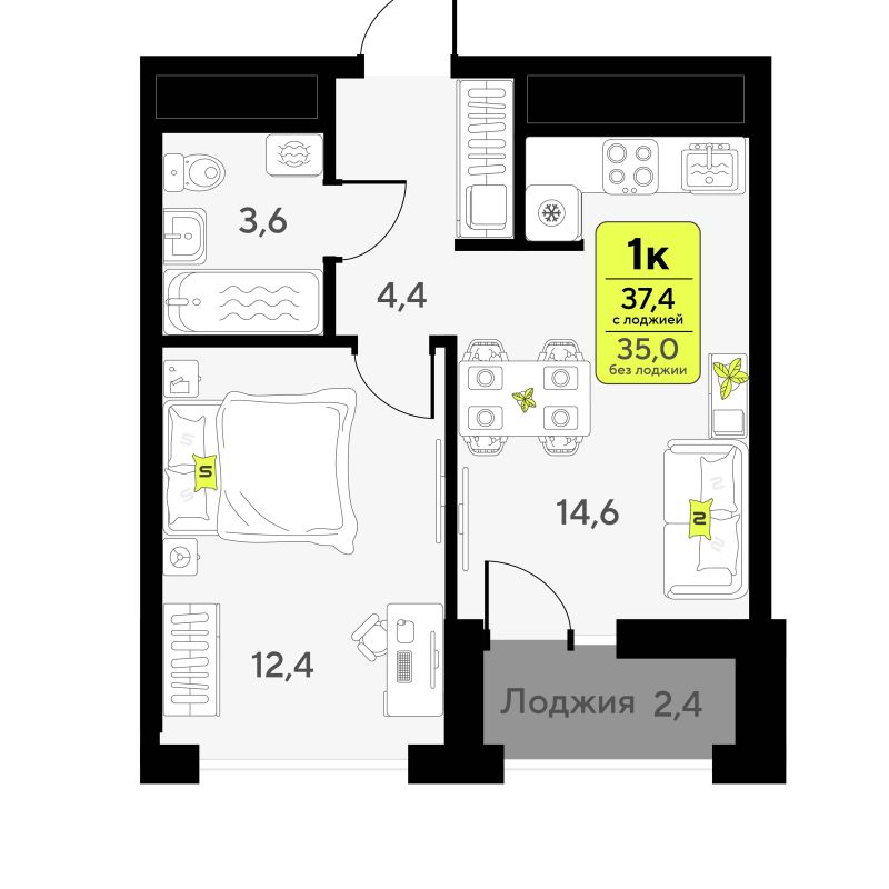 Планировка 1-комн. квартира, 37.4 м² — ЖК «Мотивы»