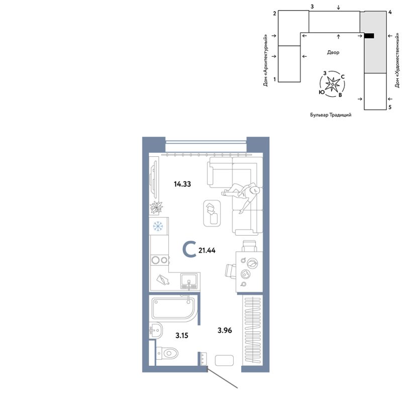 Планировка Студия, 21.4 м² — ЖК «Домашний»