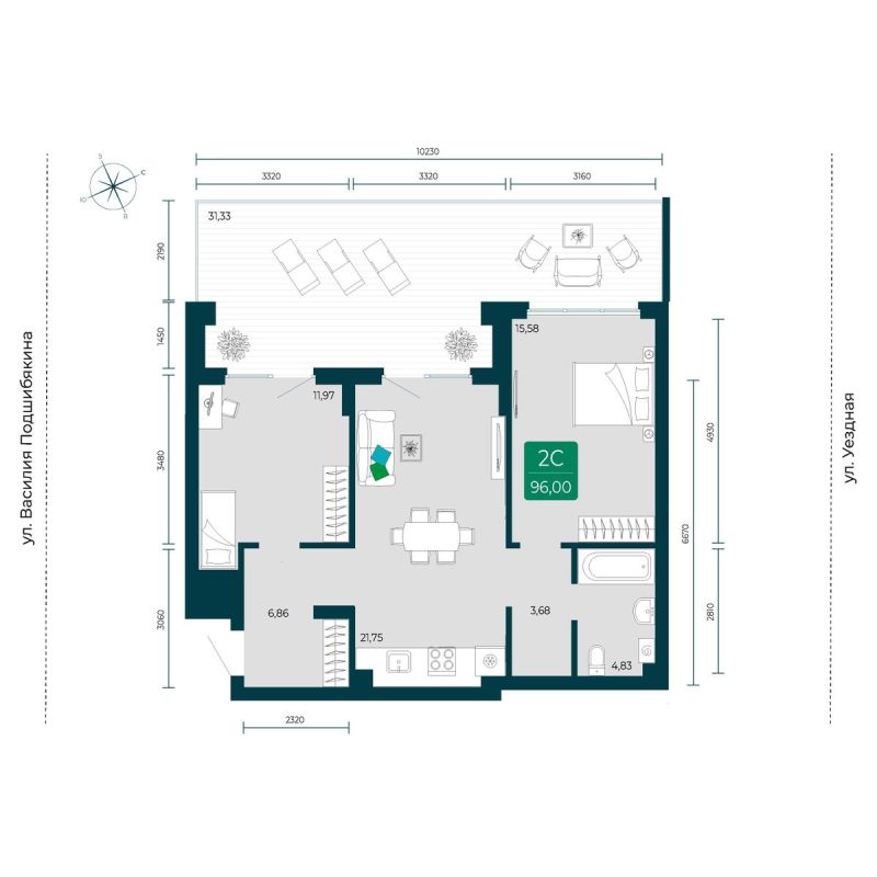 Планировка 2-комн. квартира, 96 м² — ЖК «Уездные кварталы»
