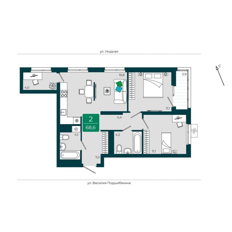 Планировка 2-комн. квартира, 68.6 м² — ЖК «Уездные кварталы»