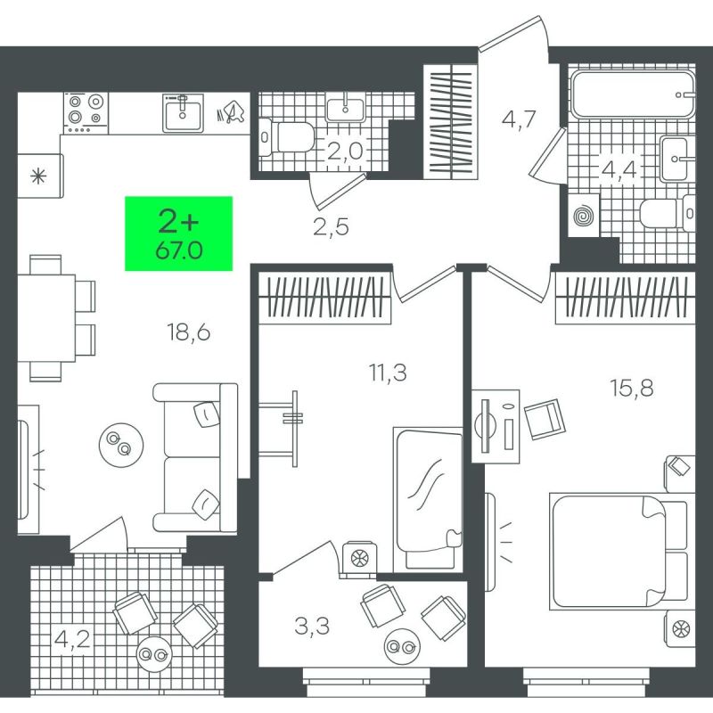Планировка 2-комн. квартира, 67.1 м² — ЖК «Гранд Квартал»