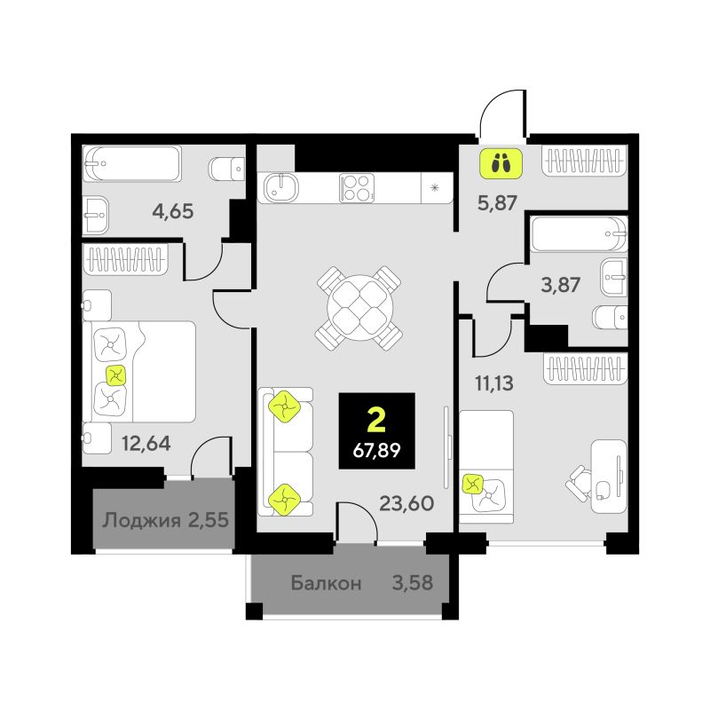 Планировка 2-комн. квартира, 61.2 м² — ЖК «Дивный квартал у озера»