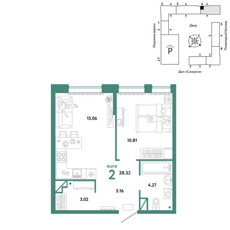 Планировка 2-комн. квартира, 38.3 м² — ЖК «Юнион»
