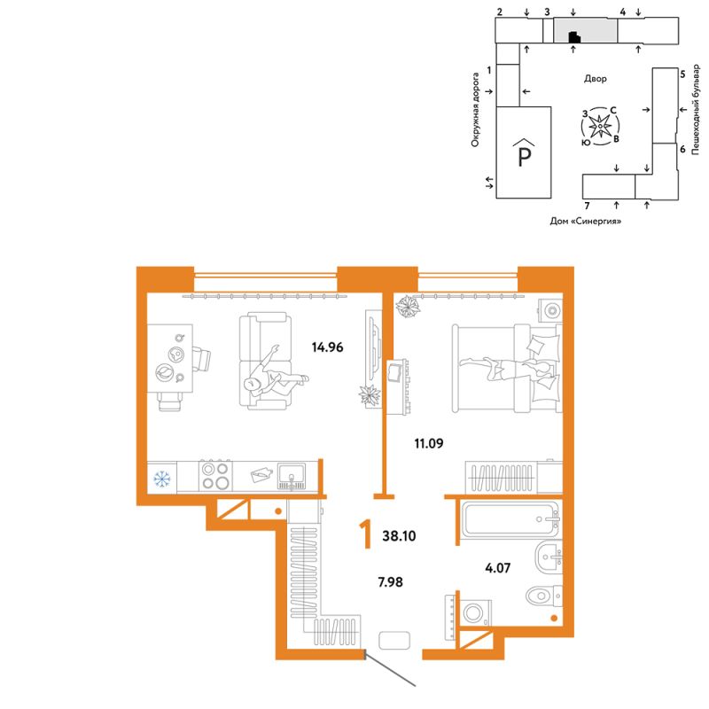 Планировка 1-комн. квартира, 38.1 м² — ЖК «Юнион»