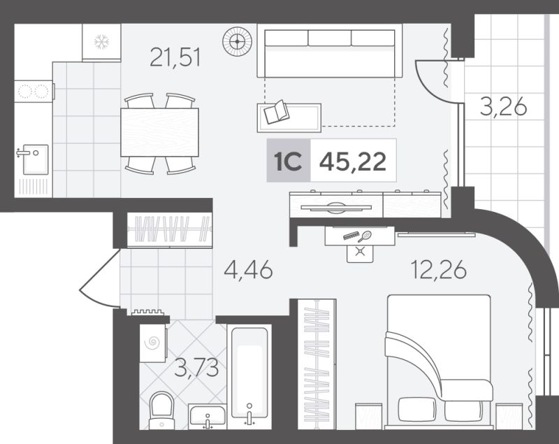 Планировка 1-комн. квартира, 45.2 м² — ЖК «Скандиа. Квартал в Комарово-парк»