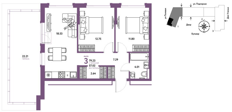 Планировка 3-комн. квартира, 79.3 м² — ЖК «Авторский»