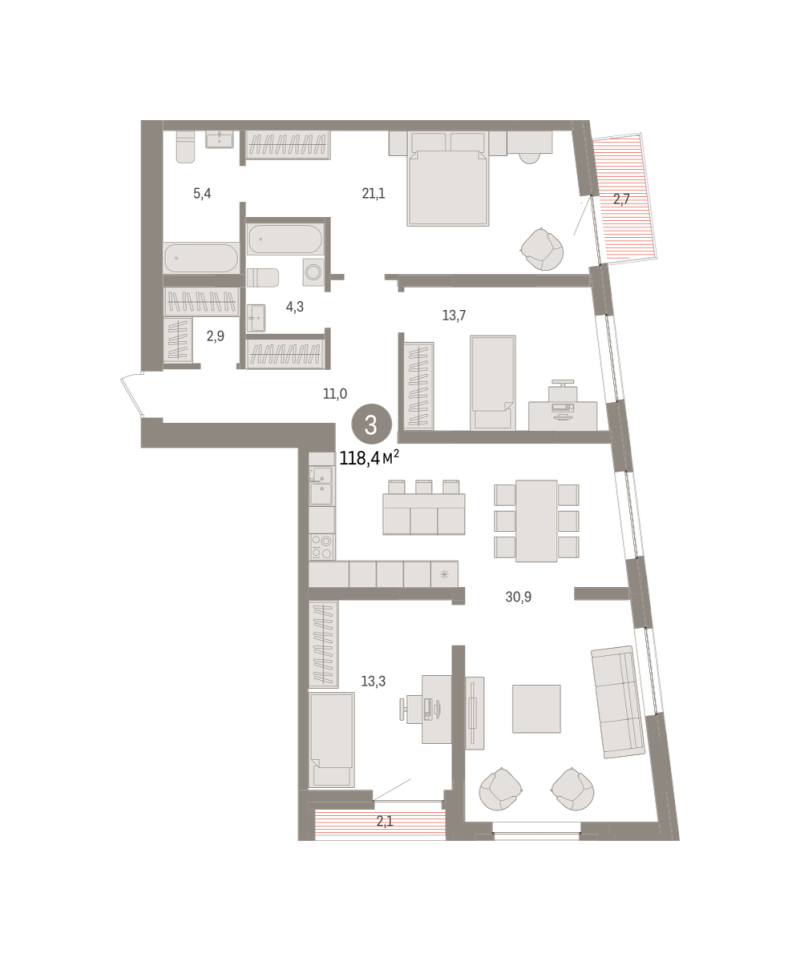 Планировка 3-комн. квартира, 118.5 м² — ЖК «Речной порт»