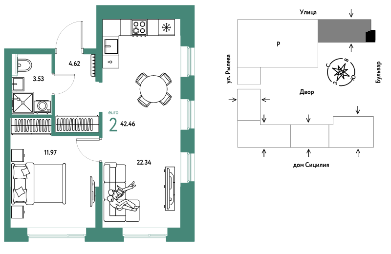Планировка 2-комн. квартира, 42.5 м² — ЖК «Остров-сад»