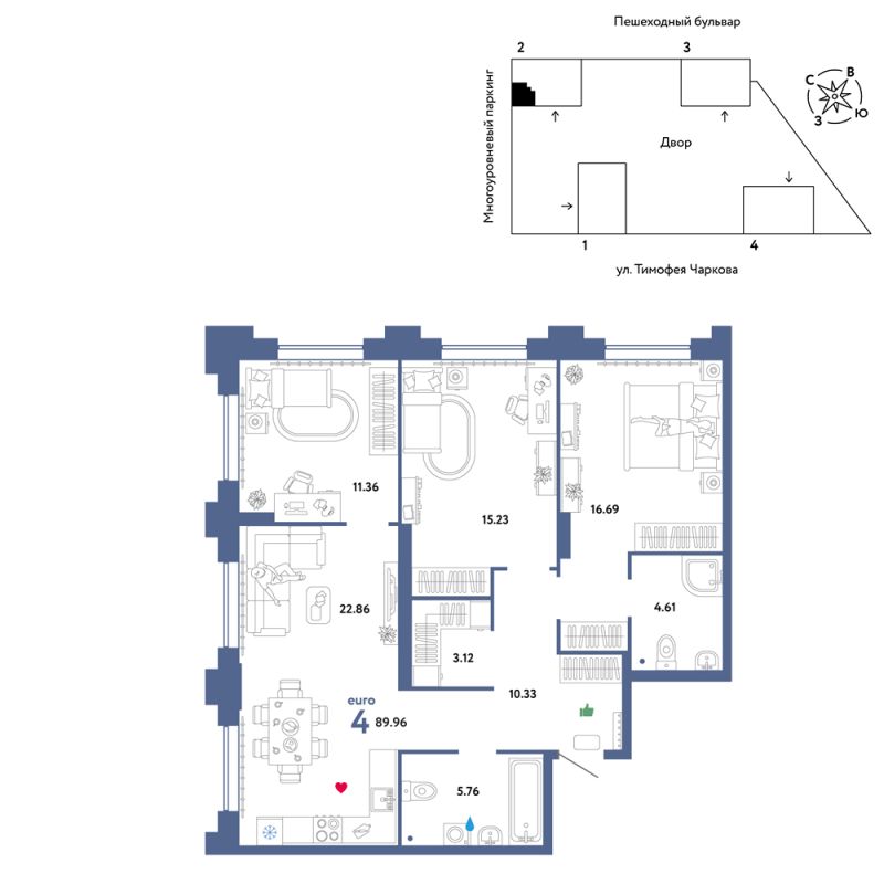 Планировка 4-комн. квартира, 90 м² — ЖК «Звездный»