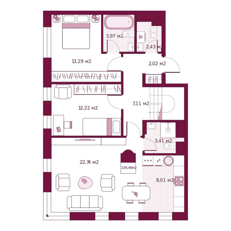 Планировка 2-комн. квартира, 102.2 м² — ЖК «Сикрет Плэйс»