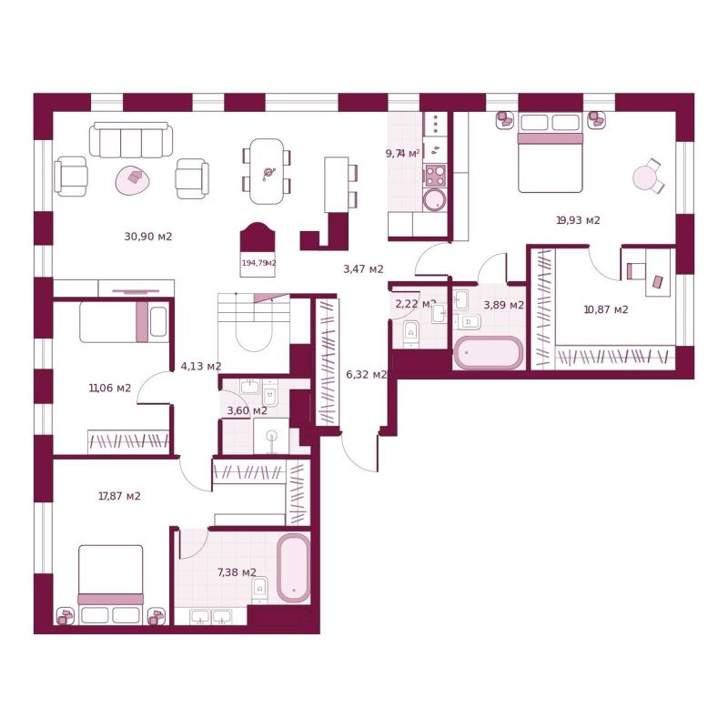 Планировка 2-комн. квартира, 79.1 м² — ЖК «Сикрет Плэйс»