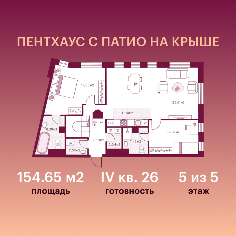 Планировка 2-комн. квартира, 125.9 м² — ЖК «Сикрет Плэйс»