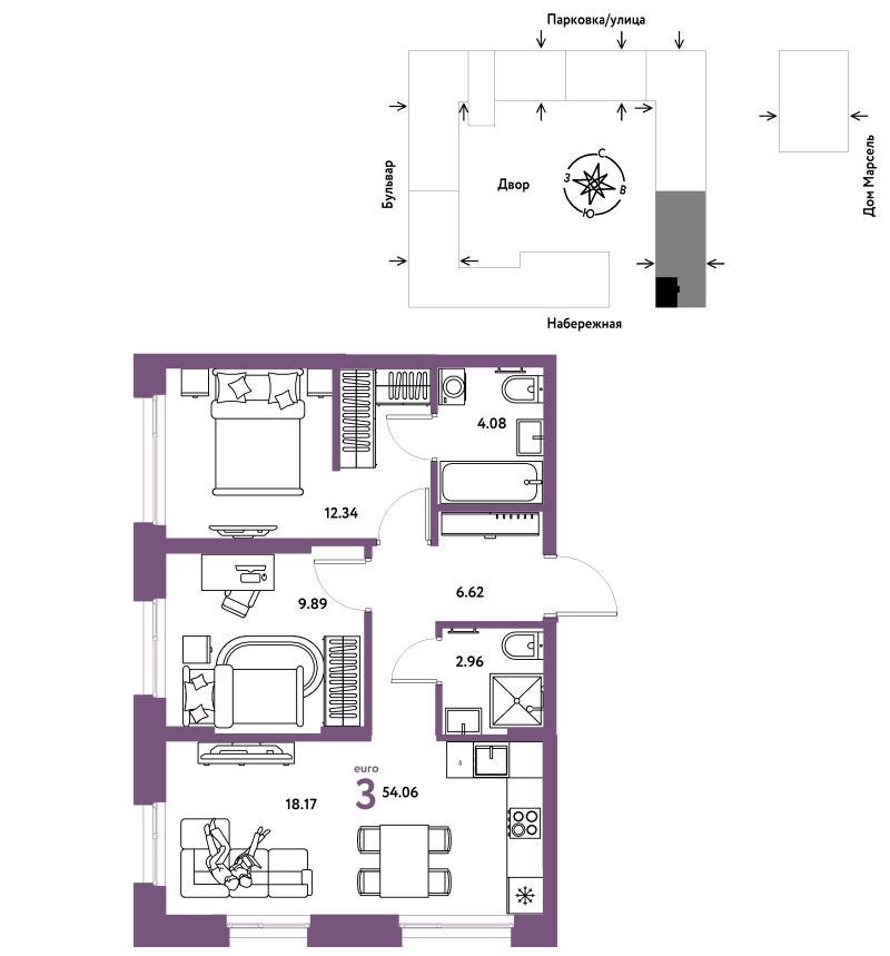 Планировка 3-комн. квартира, 54.1 м² — ЖК «Европейский берег 2.0»