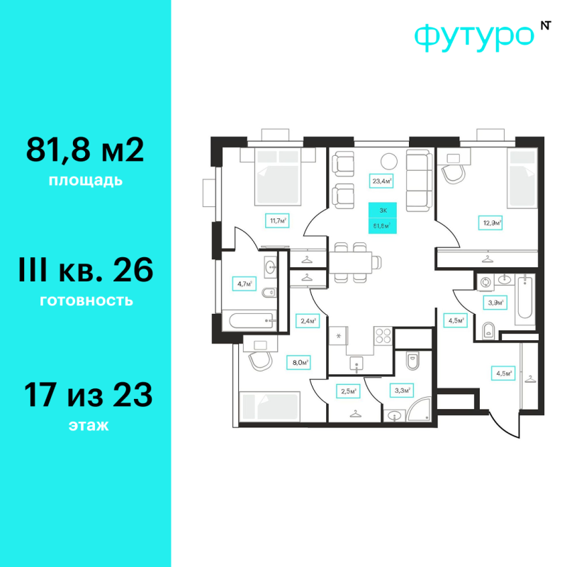 Планировка 3-комн. квартира, 80.8 м² — ЖК «Футуро»