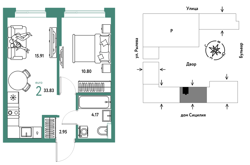 Планировка 2-комн. квартира, 33.8 м² — ЖК «Остров-сад»